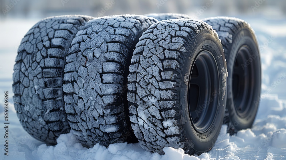 Four close-up tires, frosted and arranged side by side in a snowy environment, highlighting their detailed tread design and winter readiness for safe driving. Four close-up tires, frosted and arranged side by side in a snowy environment, highlighting their detailed tread design and winter readiness for safe driving.