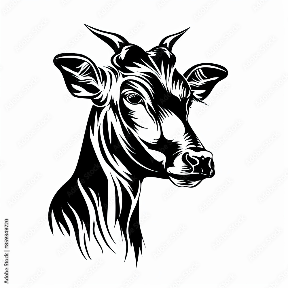 A black and white drawing of a cow 's head A black and white drawing of a cow 's head