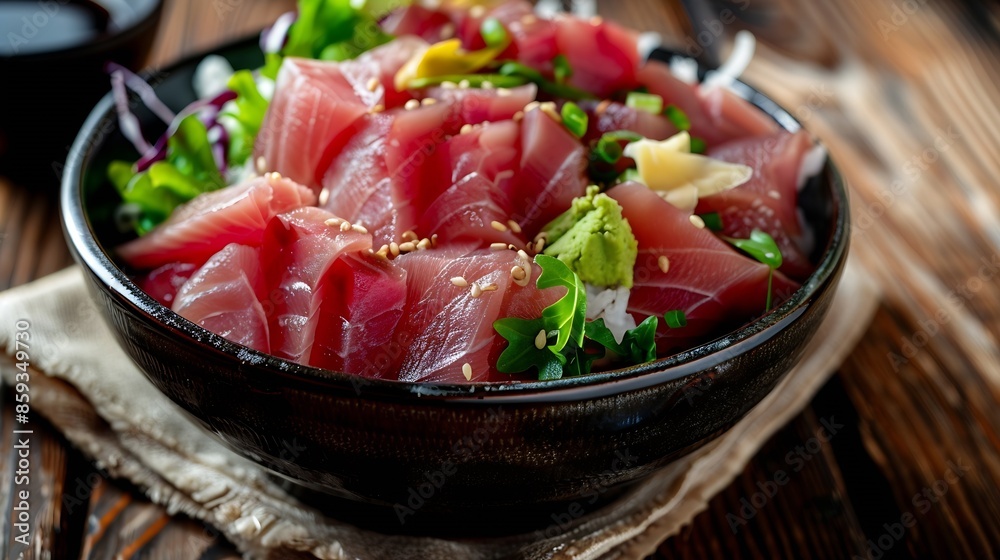 Tuna sashimi with salad served in dish isolated on napkin side view on wooden background of Japanese food : Generative AI Tuna sashimi with salad served in dish isolated on napkin side view on wooden background of Japanese food : Generative AI
