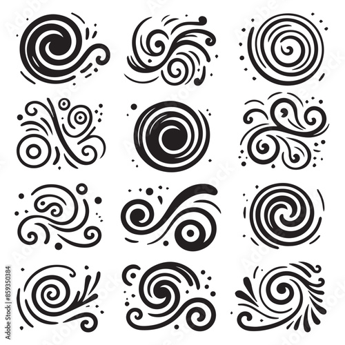 Hand-Drawn Swirls on Clean White Background, Variety of Shapes and Sizes