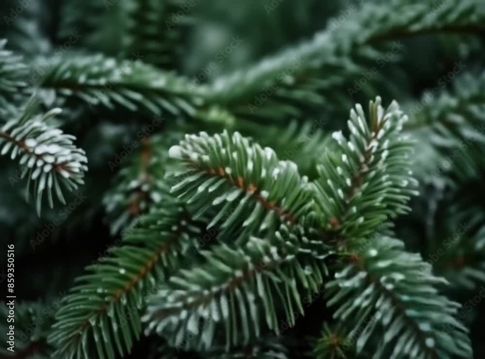 Close up of evergreen tree branches with a light dusting of frost covering the pine needles, creating a beautiful winter scene