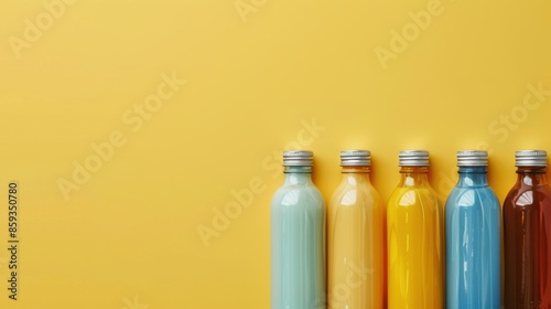 Blank bottles arranged on a yellow surface, showcasing copyspace on the right for text or design. photo