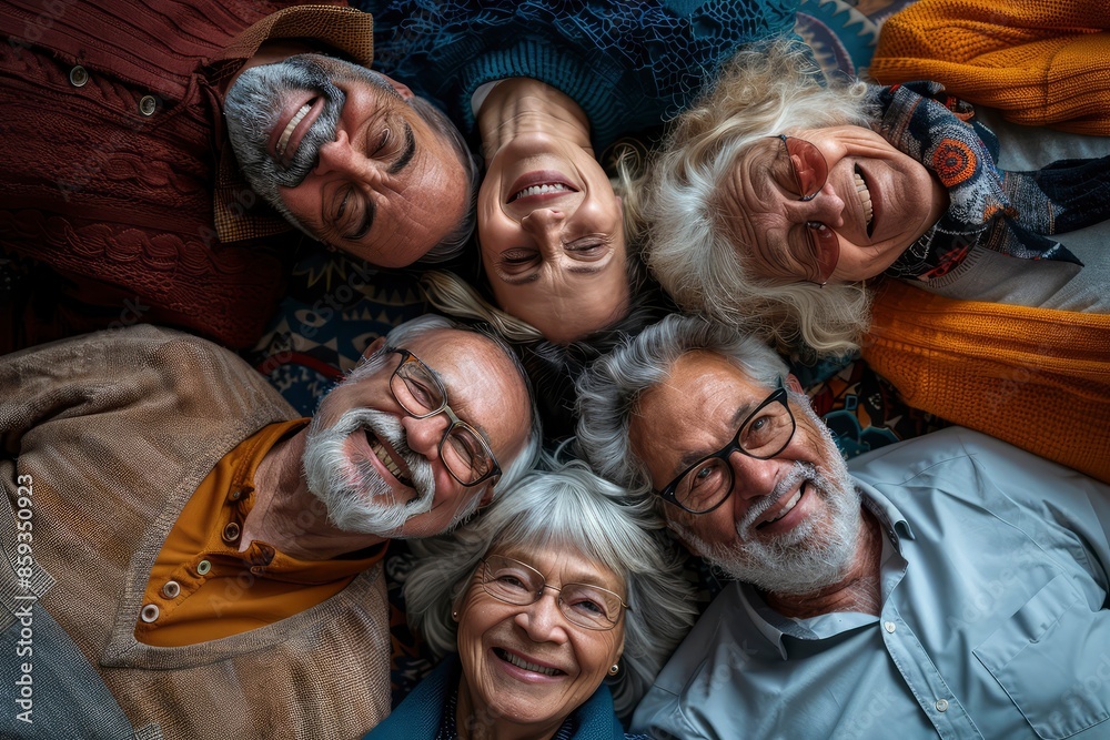 Elderly friends from diverse backgrounds lying down, gazing up with mischievous smiles generative ai