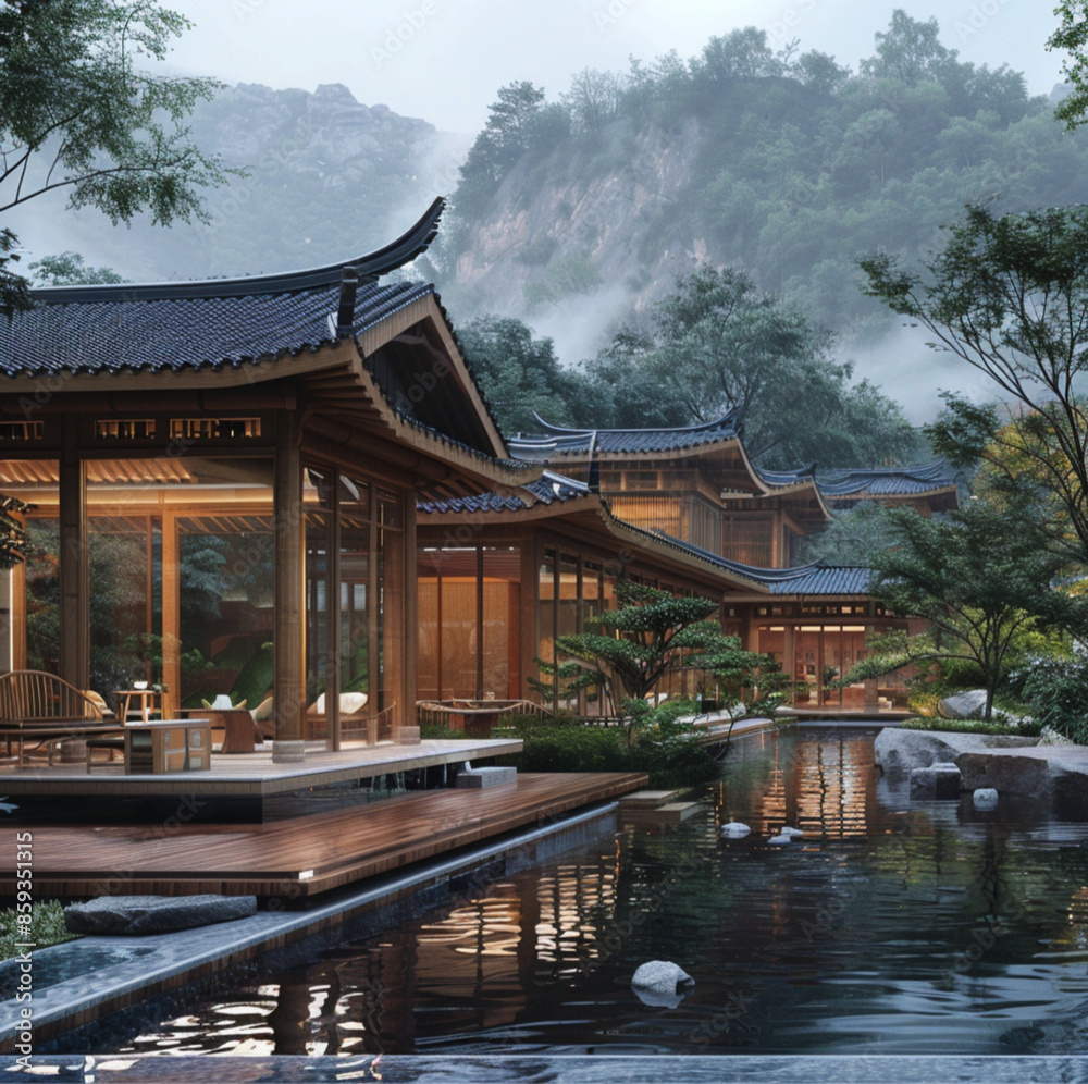 Fototapeta premium a traditional Chinese style wooden small house with a view of nature, mountains, and streams.