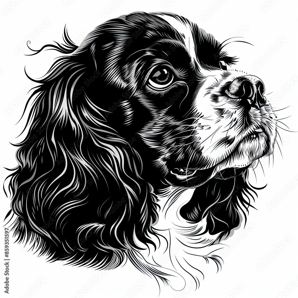 A black and white drawing of a cavalier king charles spaniel dog A black and white drawing of a cavalier king charles spaniel dog