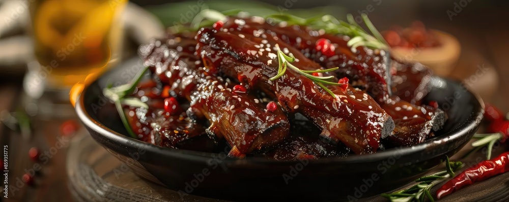 Delicious barbecue ribs glazed with sauce, garnished with herbs and red pepper flakes, served in a black plate on a rustic wooden table. Delicious barbecue ribs glazed with sauce, garnished with herbs and red pepper flakes, served in a black plate on a rustic wooden table.