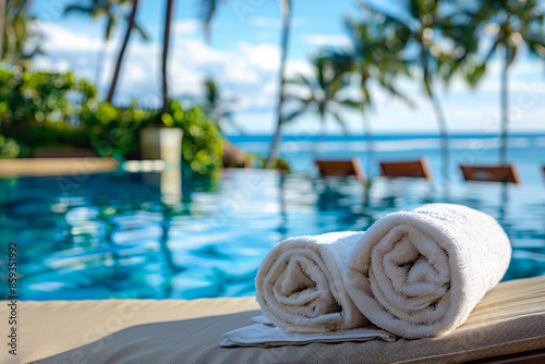 Rolled white towel on a lounger by a luxurious outdoor swimming pool on an exotic vacation with palm trees in the background
