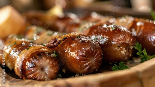 Close-up of delicious grilled sausages with herbs and spices, served on a wooden platter. Perfect for culinary and food presentations.