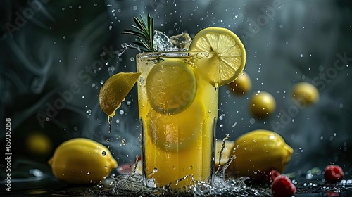 Fresh lemonade in a glass with ice and lemon slices. Dynamic splash of water. Lemons and berries in the background.