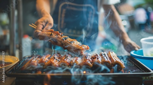 Action of a cooker is grilling eel or unagi meat stick Street food cooking photo selective focus : Generative AI