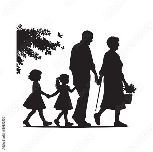 grandparents walking with granddaughter vector silhouette Illustration 