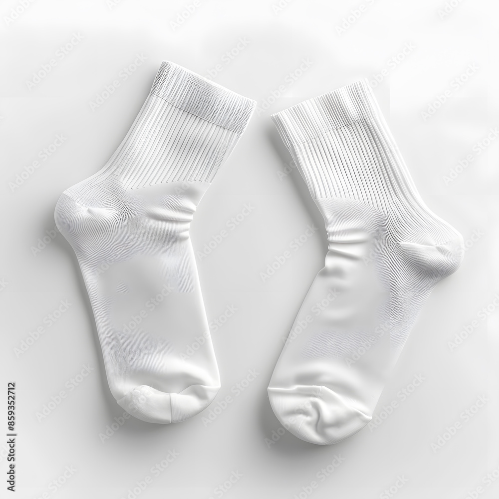 White sport socks mock up, top view, isolated white background White sport socks mock up, top view, isolated white background