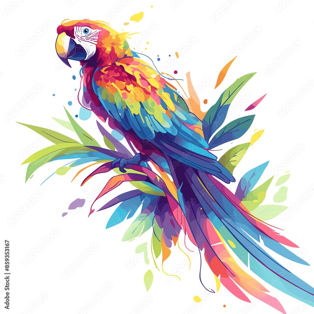 Obraz premium Vibrant watercolor painting of a colorful parrot on a branch, showcasing nature in stunning detail and lively hues.