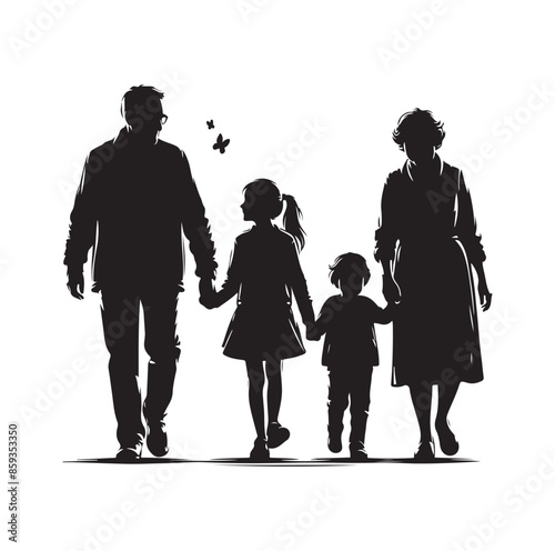 grandparents walking with granddaughter vector silhouette Illustration 
