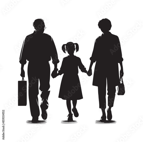 grandparents walking with granddaughter vector silhouette Illustration 