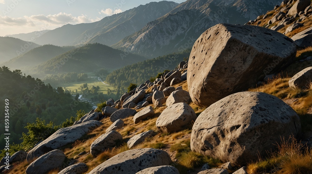 large boulders on a mountainsid steep slope with several massive rocks ...