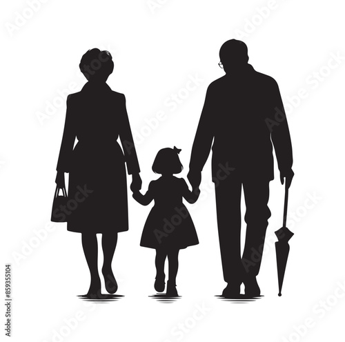 grandparents walking with granddaughter vector silhouette Illustration 