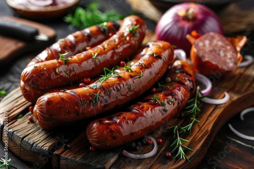 Grilled sausages on a rustic wooden board with herbs, peppercorns, and a slice of onion. Perfect for BBQ, cooking, or food photography concepts.