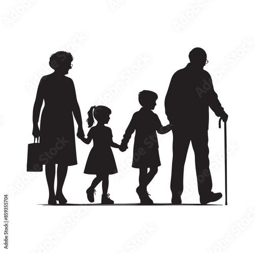 grandparents walking with granddaughter vector silhouette Illustration 
