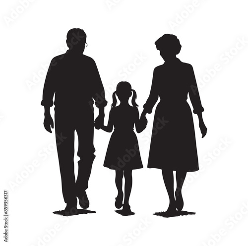 grandparents walking with granddaughter vector silhouette Illustration 
