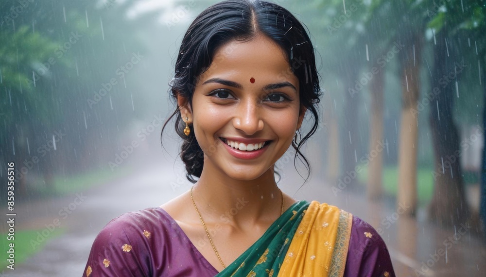 Close-up portrait of a Indian woman happily in rain Close-up portrait of a Indian woman happily in rain