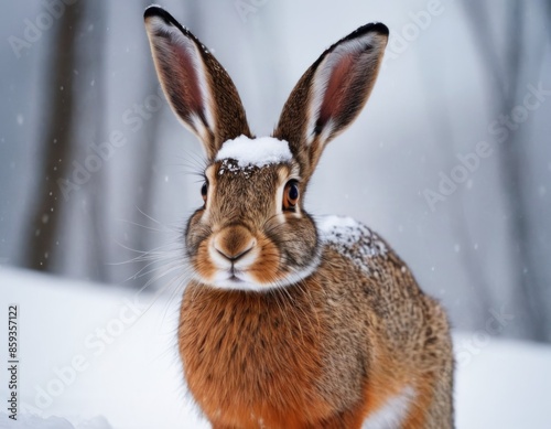 Wild hare in snowy landscape at golden hour. © Liera