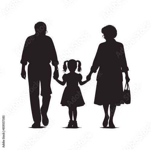 grandparents walking with granddaughter vector silhouette Illustration 