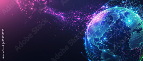 Particles Earth, technology and global network concept, digital data transfer on a blue gradient color background