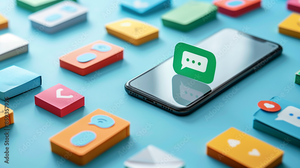 Smartphone with messaging imagery surrounded by colorful app icons. Smartphone with messaging imagery surrounded by colorful app icons.