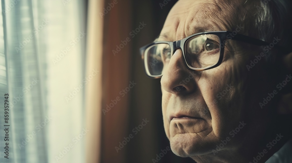 Obraz premium Pensive elderly mature senior man in eyeglasses looking in distance out of window thinking of personal problems Lost in thoughts elderly middle aged grandfather suffering from loneline : Generative AI