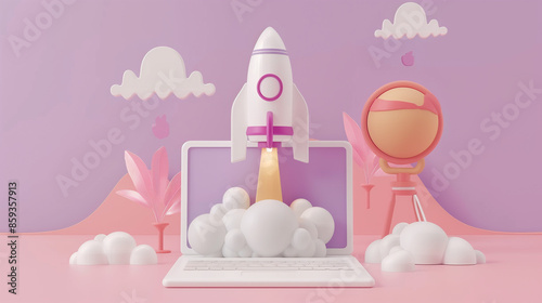 Rocket launching from laptop with whimsical background.