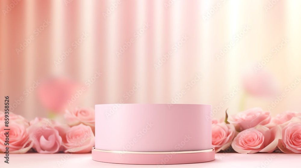 Studio room Pink podium display with blurry English rose background Studio room Pink podium display with blurry English rose background