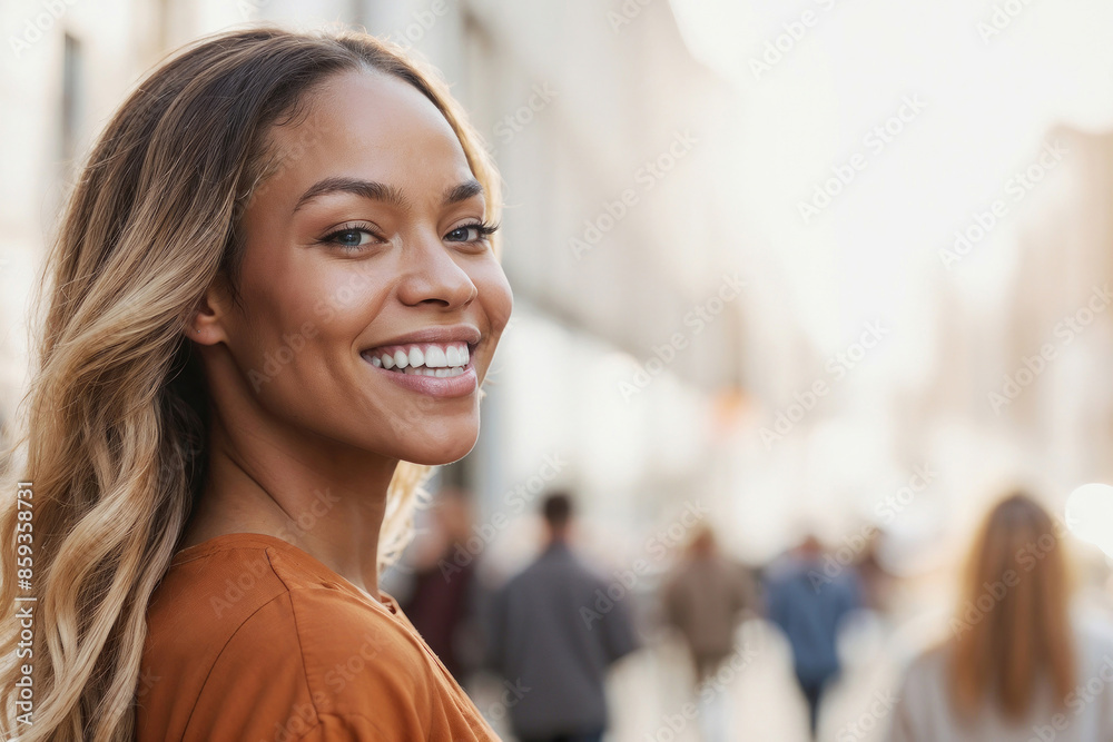 Portrait of happy African American woman walking on the street and looking at camera on blurred background with copy space Portrait of happy African American woman walking on the street and looking at camera on blurred background with copy space