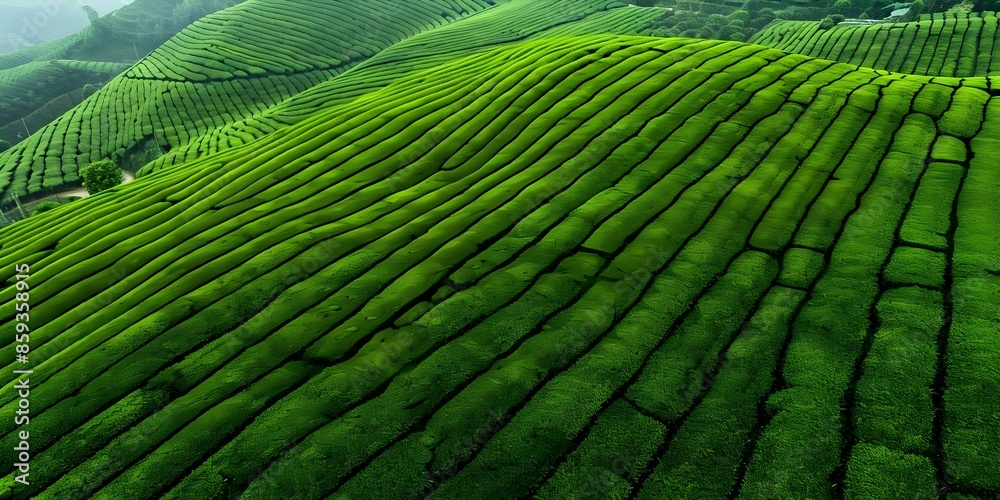Fototapeta premium Aerial Perspective of a Verdant Tea Plantation on a Mountain. Concept Aerial Photography, Tea Plantation, Mountain View