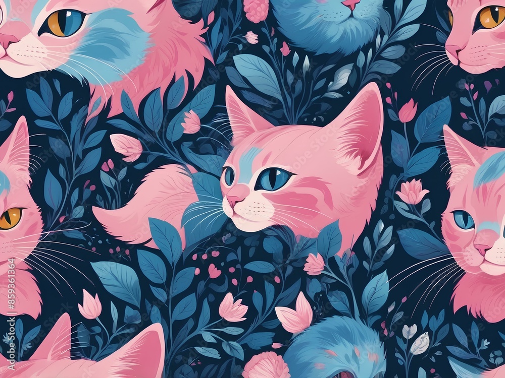 A painting featuring a cat with striking blue eyes surrounded by vibrant pink flowers. A painting featuring a cat with striking blue eyes surrounded by vibrant pink flowers.