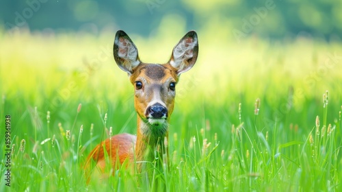 Fototapeta Naklejka Na Ścianę i Meble -  Roe deer buck observing camera in green summer meadow with space for text