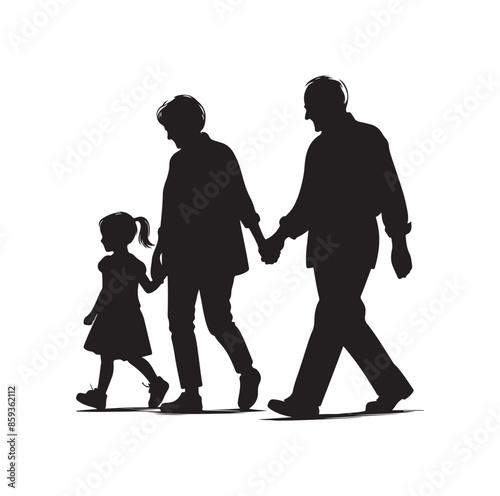 grandparents walking with granddaughter vector silhouette Illustration 