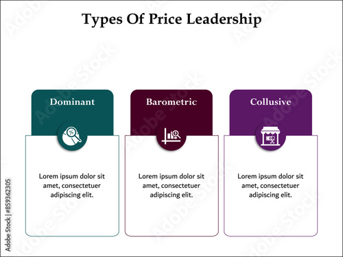 Three types of price leadership - Dominant, Barometric, Collusive. Infographic template with icons and description placeholder