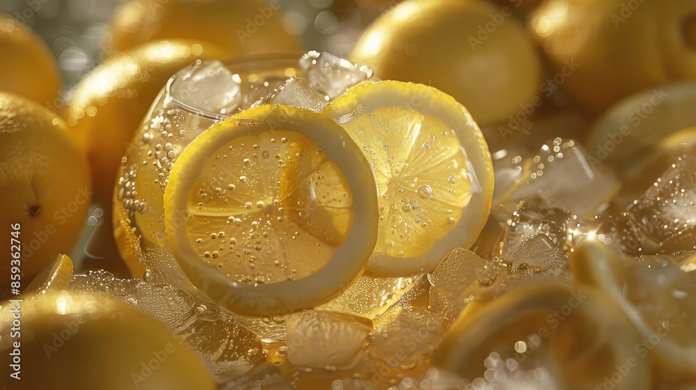 Close-up of fresh lemon slices and whole lemons on ice, showcasing refreshing citrus vibes and juicy texture. Close-up of fresh lemon slices and whole lemons on ice, showcasing refreshing citrus vibes and juicy texture.