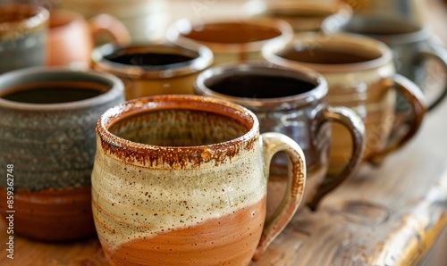 close-up of coffee mugs in various shapes and sizes, including a rustic ceramic mug with a glaze finish, blurred background to emphasize textures and designs © Nadin Faust