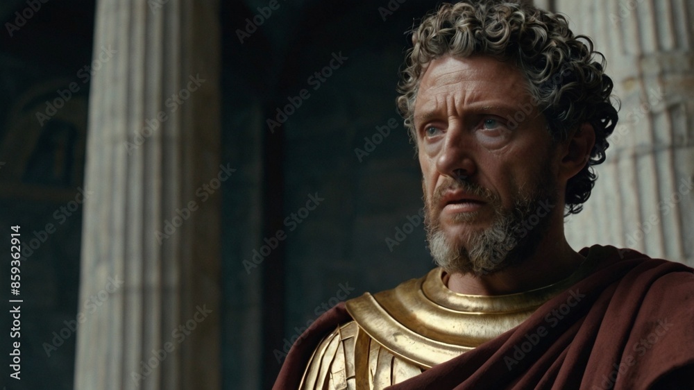 Naklejka premium Reflections of Stoic Majesty: A Hyper-Realistic Portrait of Marcus Aurelius, Conveying Stoic Wisdom and Inner Struggle Through a Centrally Positioned Figure, Clad in Toga,