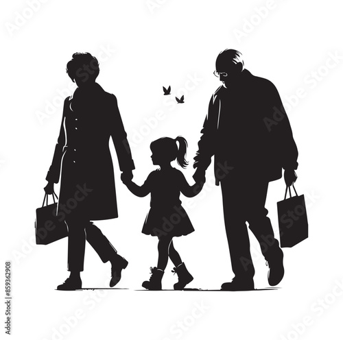 grandparents walking with granddaughter vector silhouette Illustration
