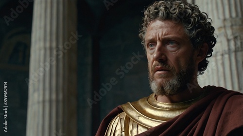 Reflections of Stoic Majesty: A Hyper-Realistic Portrait of Marcus Aurelius, Conveying Stoic Wisdom and Inner Struggle Through a Centrally Positioned Figure, Clad in Toga,