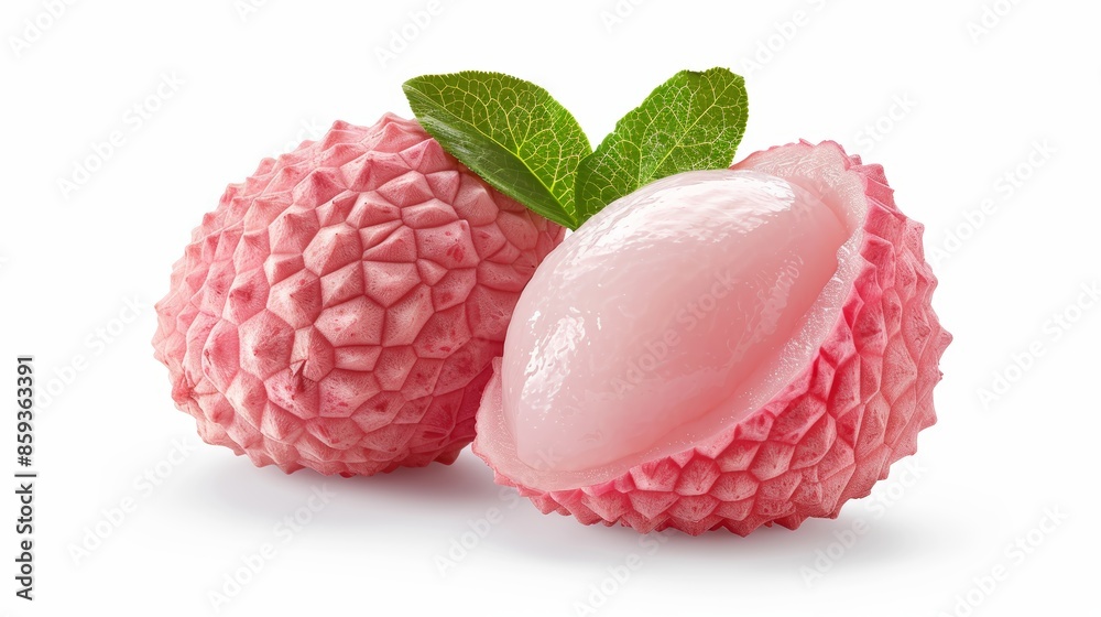 Fresh lychee fruit with vibrant red skin, arranged on a pristine white background, capturing the natural texture and juicy appeal, bright and appetizing Fresh lychee fruit with vibrant red skin, arranged on a pristine white background, capturing the natural texture and juicy appeal, bright and appetizing