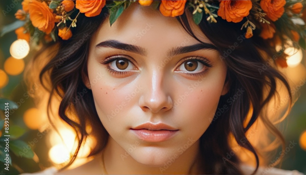 Naklejka premium close-up photograph of a young woman artfully arranged floral