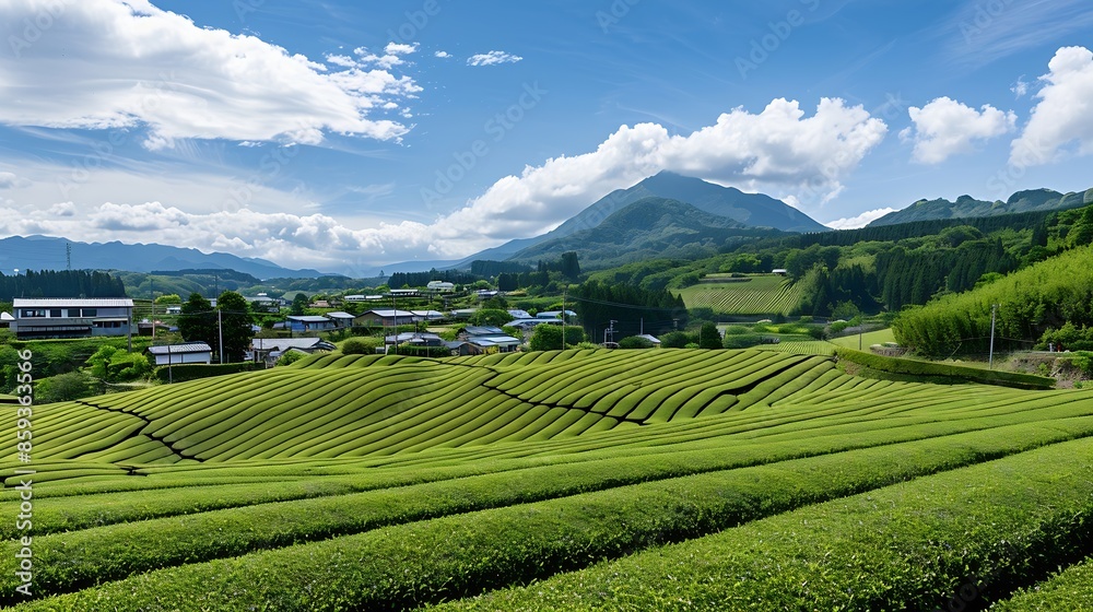 Fototapeta premium Scenery of the tea plantation in Obuchi Sasaba Fuji City Shizuoka Prefecture : Generative AI