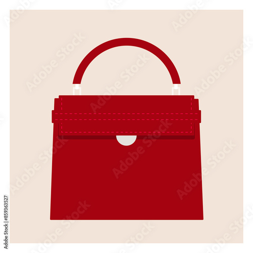Fashionable red women’s handbag. Elegant style. Tote model. Side view. Vector flat illustration