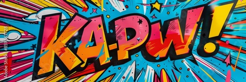 A close-up image of a bright and colorful pop art-inspired sign that reads KaPow!. The sign features a bold, graphic font and is set against a vibrant background of comic book-style imagery