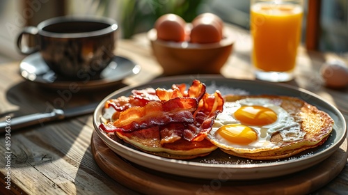 Delicious home breakfast. Breakfast with bacon, eggs and pancakes