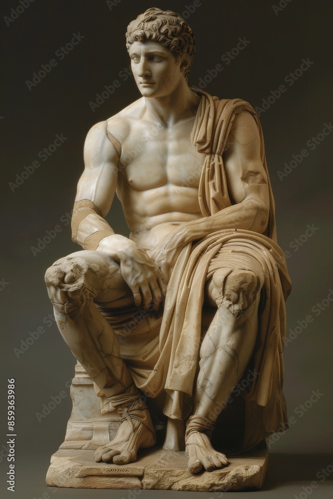 Sculpture of seated man exuding strength and grace through intricate muscle definition and flowing drapery, reminiscent of classical art. Sculpture of seated man exuding strength and grace through intricate muscle definition and flowing drapery, reminiscent of classical art.